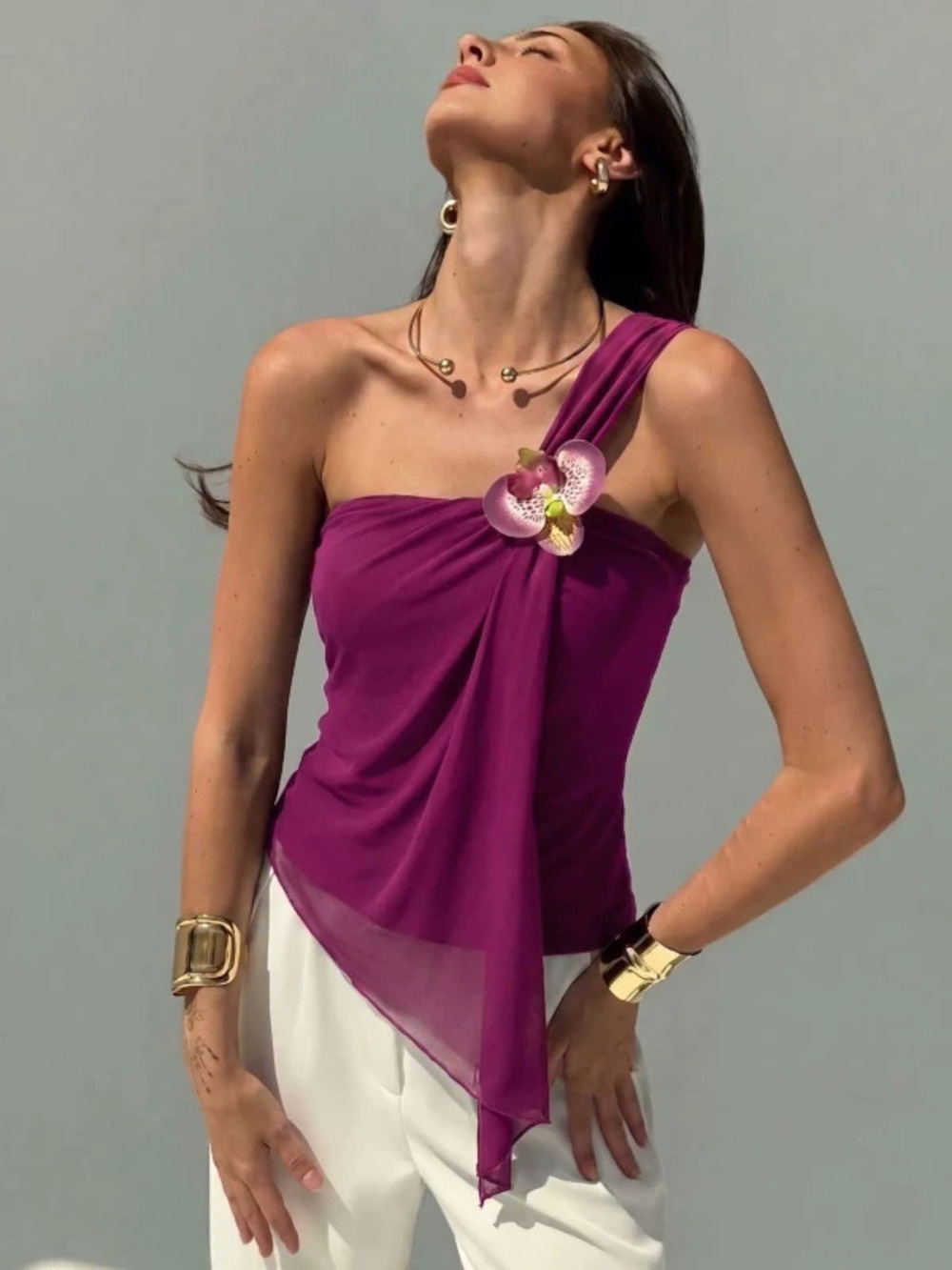 Asymmetric One Shoulder Tulle Vest Top with 3D Flowers